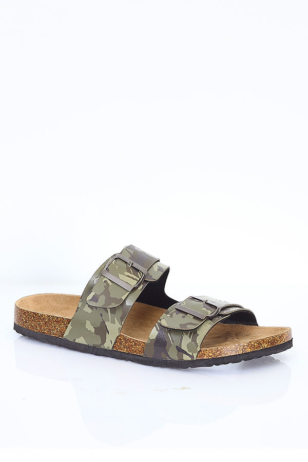 CAMOUFLAGE BUCKLE DETAIL STRAP CORK SANDALS