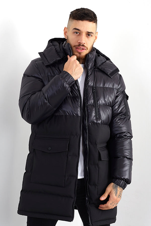 BLACK HIGH SHINE UPPER DETAIL LONGLINE PADDED JACKET