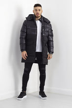 Load image into Gallery viewer, BLACK HIGH SHINE UPPER DETAIL LONGLINE PADDED JACKET
