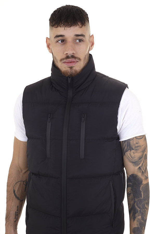 BLACK FUNNEL NECKLINE PADDED GILET JACKET