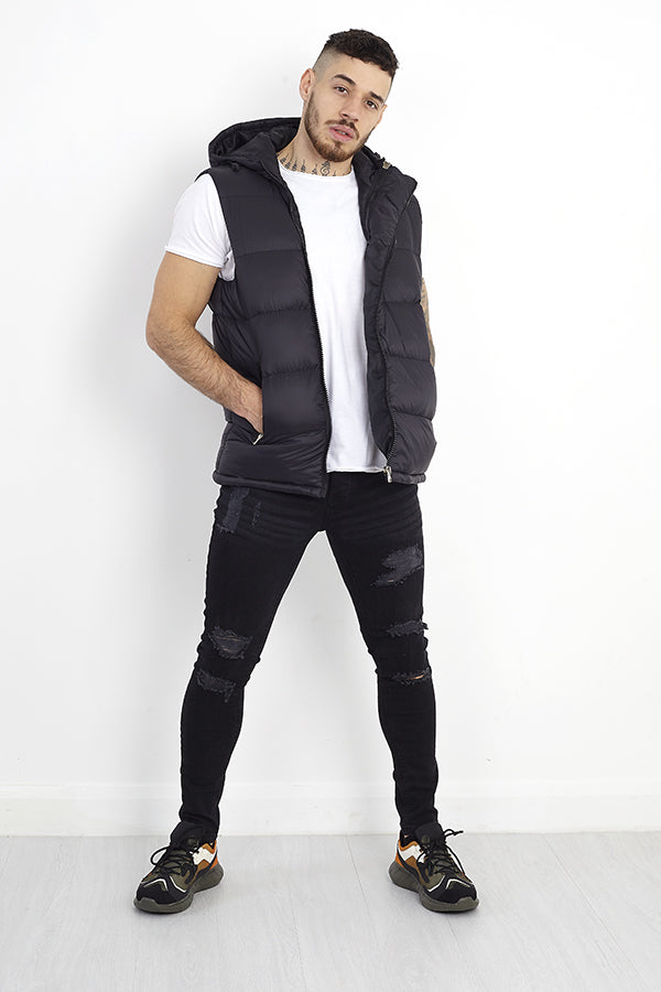 BLACK ZIP THROUGH HOODED PADDED GILET